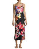 Mikado Floral-Print Satin Gown, Black