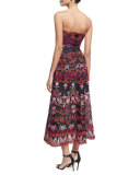 Floral Embroidered Eyelet Strapless Gown, Black/Red/Pink