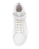 Leather Harness Mid-Top Sneaker with Gold Medallion, White