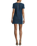 Luna Rosemary Patchwork Denim Shift Dress, Blue Pattern