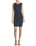 Sleeveless Chevron-Print Cotton Sheath Dress, Navy/Gray