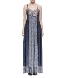 Sleeveless Bicolor Mixed-Media Maxi Dress, Navy