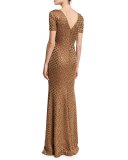 Panthera Sequined Short-Sleeve Mermaid Gown, Bronze