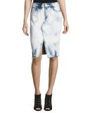 Trystan Bleached Denim Midi Skirt with Raw Hem, Elation