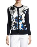 Painted Oleandar 3/4-Sleeve Cardigan, Blue Pattern 