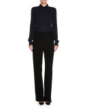 Silk Button-Front Tuxedo Blouse, Navy