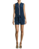 Marguerite Sleeveless Embroidered Silk Romper, Navy