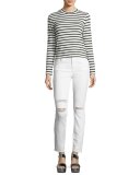 Maria High-Rise Distressed Skinny Jeans with Raw Hem, White Mercy