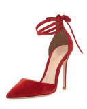 Suede Pointed-Toe Ankle-Wrap Pump, Granata