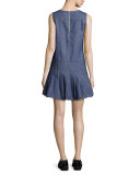 Pleated Chambray Fit-and-Flare Dress, Denim