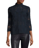 Elia Mock-Neck Lace Top, Bleu Nuit