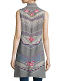 Sabine Long Embroidered Linen Open Vest