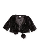 Faux-Fur Bolero w/ Pompoms, Black, Size 7-16