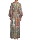 Paisley Belted Long-Sleeve Gown, Pink/Multi