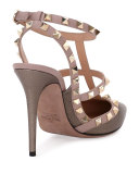 Rockstud 100mm Strappy Pebbled Leather Pump, Sasso/Poudre