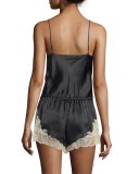 Lorena Lace-Trim Lounge Romper, Black/Tan