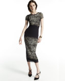 Short-Sleeve Abstract-Print Midi Dress, Nero 
