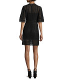 Short-Sleeve Guipure-Lace Mini Dress, Black