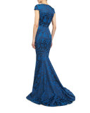 Cap-Sleeve Floral-Print Gown, Royal Blue