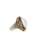 North-South Mother-of-Pearl Ring with Pink Crystal Quartz Over Sapphire & Tourmaline