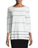 Boat-Neck Striped 3/4-Sleeve Sweater, Cloud/Black 