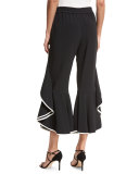 Crepe Ruffle Kick-Flare Cropped Pants, Black/Ivory