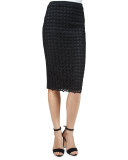 Macrame-Front Pencil Skirt, Black