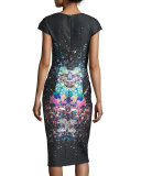 Cap-Sleeve Printed Stretch Crepe Sheath Dress, Dark Navy