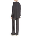 Long-Sleeve Embroidered Stretch-Silk Blouse, Graphite