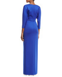 Tilly 3/4-Sleeve Scuba Column Gown, Blue