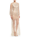Sequined-Petal Illusion Tulle Gown, White/Gold