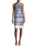 Lace-Print Mikado Sheath Dress, White/Navy