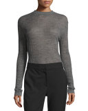 Long-Sleeve Sheer Ribbed Pullover Sweater, Charcoal