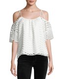 Tessy Mixed-Lace Cold-Shoulder Top, Ivory