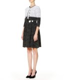 Leaf-Embroidered Sleeveless Fit-&-Flare Dress, White/Black