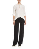 Keyhole-Front Long-Sleeve Silk Blouse