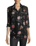 Signature Floral-Print Silk Shirt, True Black Multi