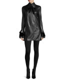 Laverne Bell-Sleeve Leather Dress, Black