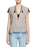Judith Sleeveless Striped Tassel Top, Ecru