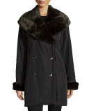 Faux-Fur-Trim Double-Breasted Coat, Black/Brown