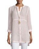 Long-Sleeve Button-Front Linen Mesh Top, Opal
