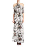 Floral Cold-Shoulder Halter Gown, White/Multi