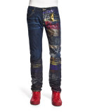 Five-Pocket Denim Jeans with Stamped-Detail, Blue