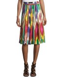 Ikat-Print Pleated A-Line Skirt, Green