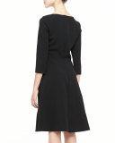 3/4-Sleeve Boat-Neck A-Line Dress, Black