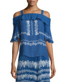 Chiffon Flower Spell Cold-Shoulder Top, Cobalt Blue/Cream