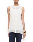 Sleeveless Mandarin-Collar Sheer Tunic 