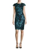 Cap-Sleeve Sequined Lace Cocktail Dress, Teal/Multicolor