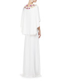 Floral-Embroidered Caftan Gown, Ivory/Multi