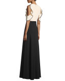 Cold-Shoulder Ruffle-Trim Gown, Bisque/Black